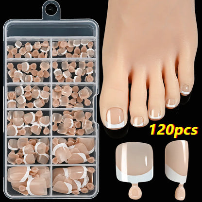 120-piece French white edge toenail pieces in nine natural nude shades, full square short shape for easy application