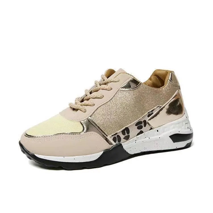 Women's lace-up wedge trainers in beige or grey with round toe, artificial PU upper and rubber sole, sizes 35-43