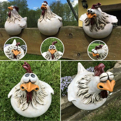 Resin chicken garden ornament with vibrant colours and charming design, adding whimsical appeal to outdoor British garden display