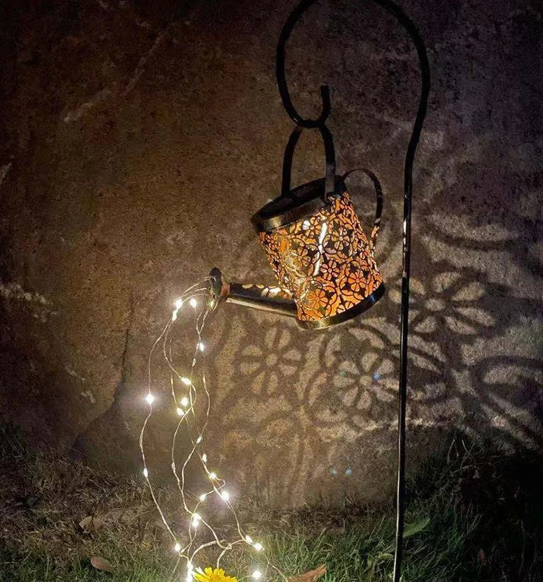 Solar-powered Enchanted Watering Can Garden Light with LED lights and hollow-out iron design