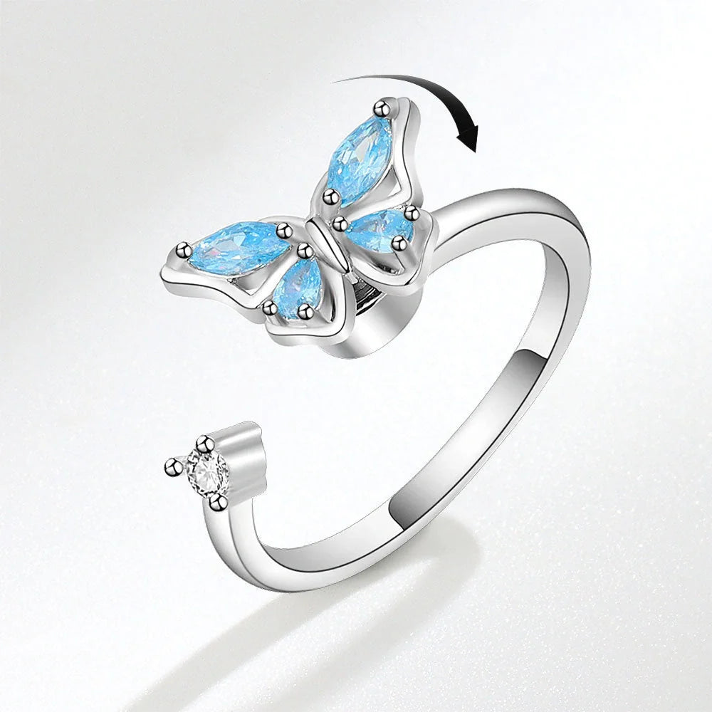 Women's adjustable rotatable butterfly ring with zircon inlay, available in multiple designs