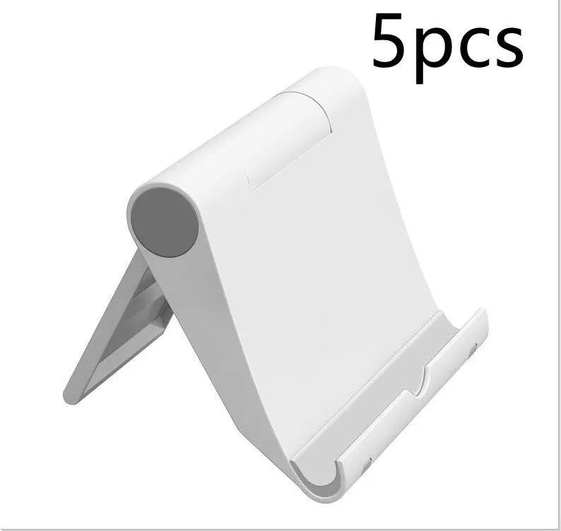 Black PE folding mobile phone stand holding a smartphone at an angle on a desktop.