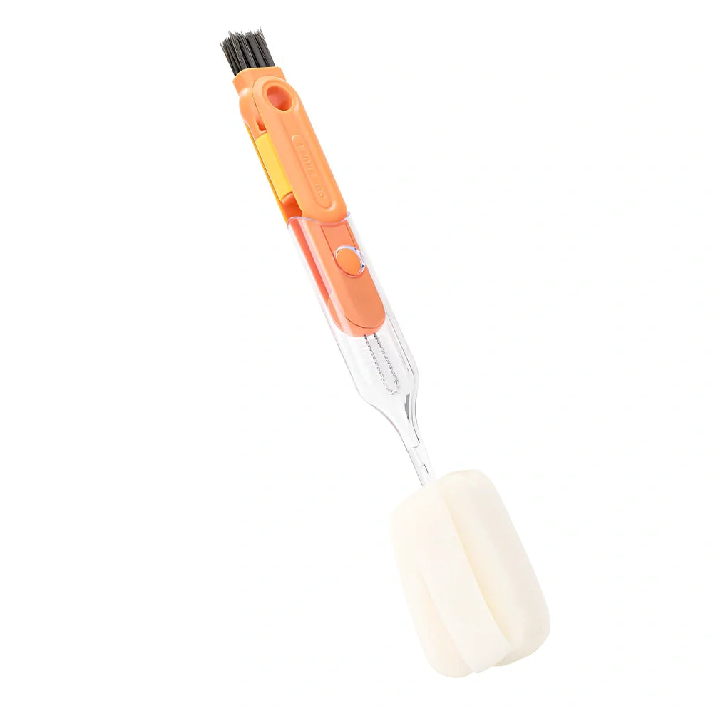 Five detachable cup brushes in blue, green, orange with 32cm handle and storage case
