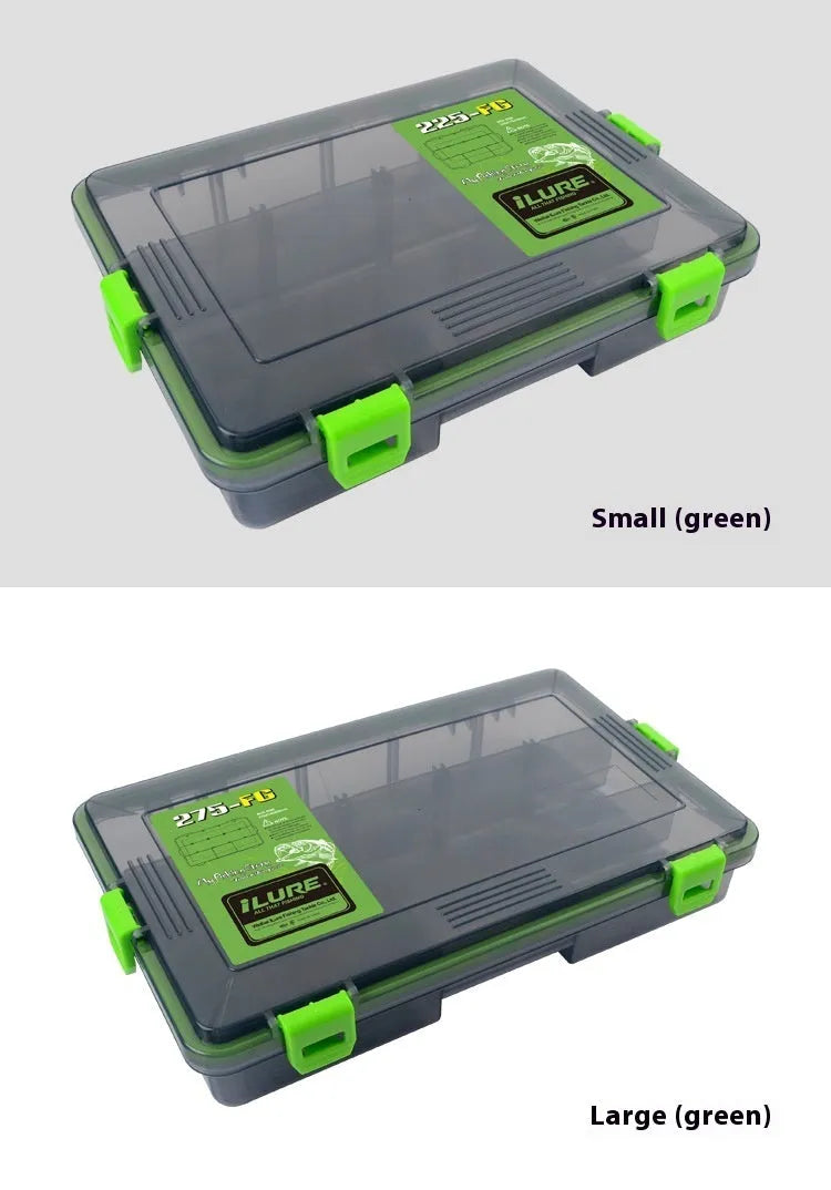 Blue waterproof PP plastic fishing lure storage box with lid open, showing single compartment.