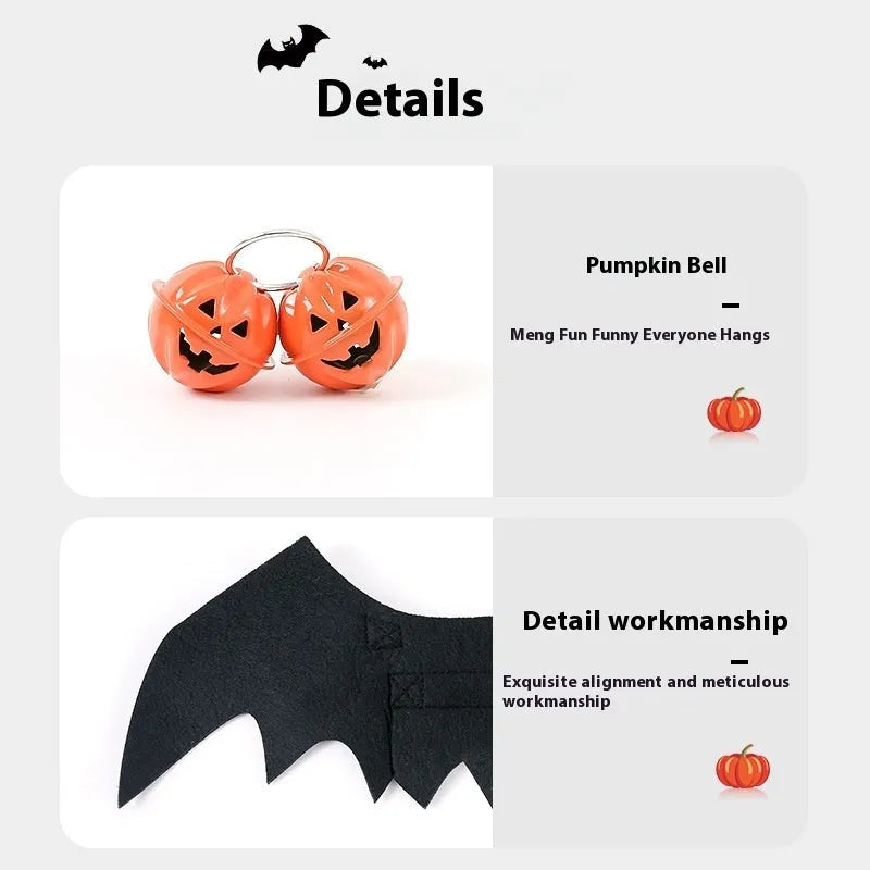 Black felt Halloween pet costume with bat wings and a bell for a dog on a orange background