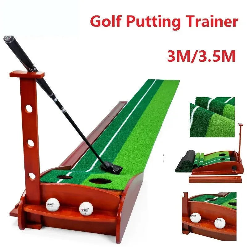 Indoor golf putting mat with solid wood frame, artificial grass surface, and dual-hole targets