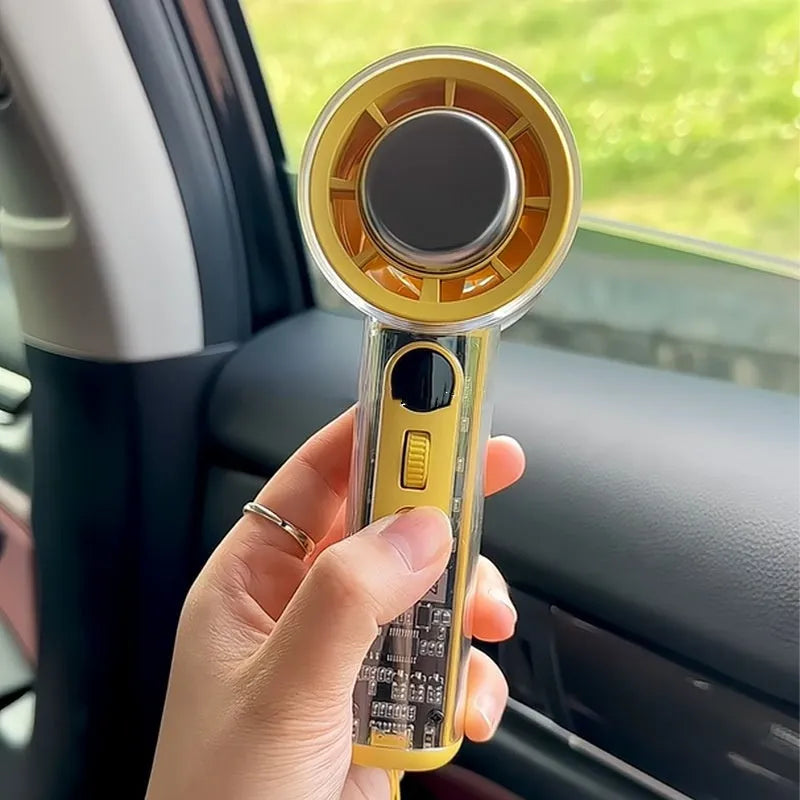 Small handheld fan with portable ice compress refrigeration function, strong DC brush motor delivering high-speed airflow, compact 60x61x155mm size available in black, white, or yellow colour options