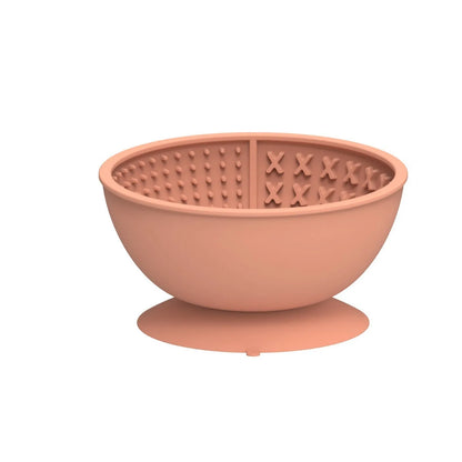 Cyan silicone slow feeding bowl for dogs with textured surface and suction cup base, 15.8cm diameter