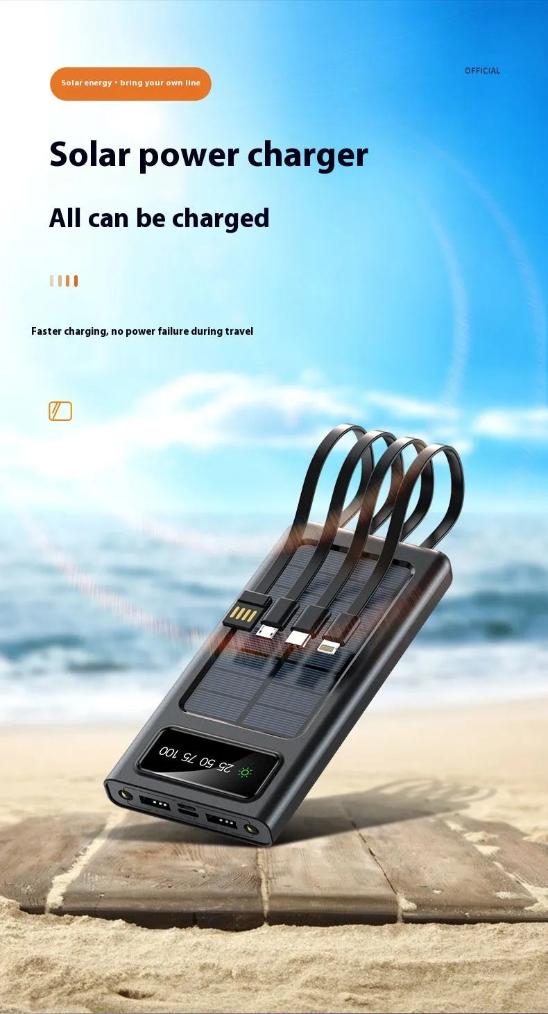 Black solar power bank with built-in charging cable showing solar panel and 20000mAh capacity label