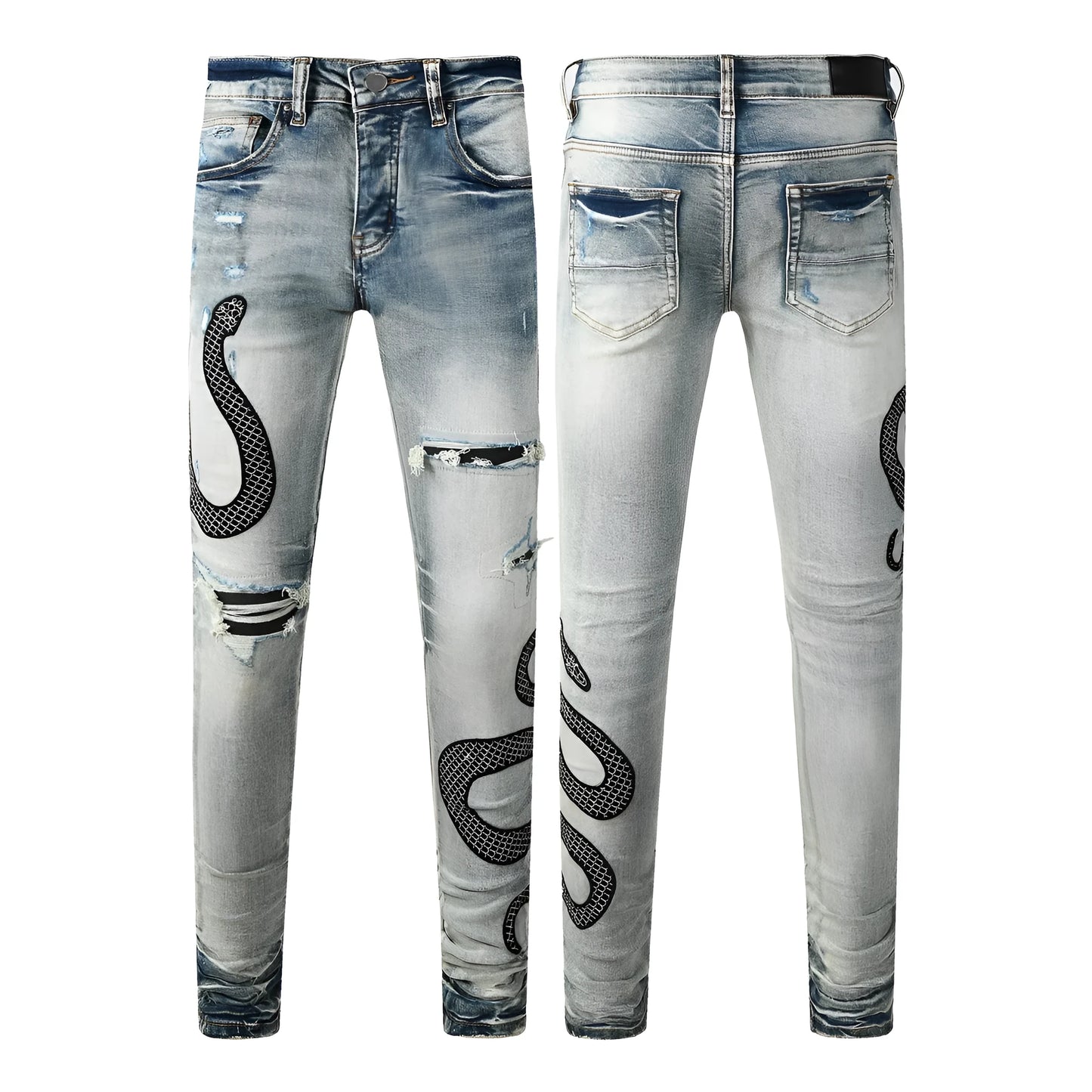 Blue distressed skinny jeans with street fashion wash and mid waist design