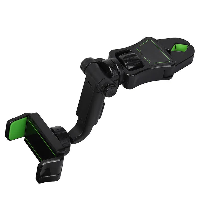 Universal car phone holder attached to a rear view mirror, shown in black and green colour.