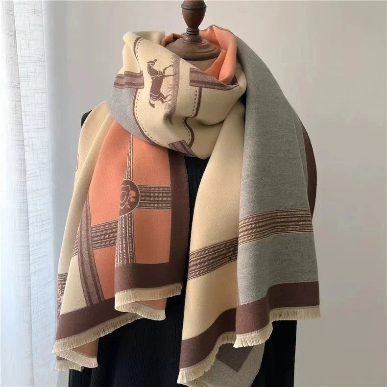 Stylish Korean contrast colour artificial cashmere scarf for women, perfect for winter warmth and fashion.