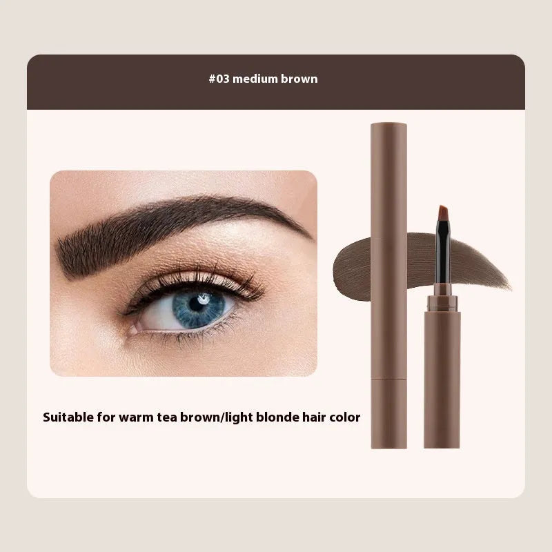 Double-headed eyebrow cream stick showing powder end and spoolie brush, with five colour shade options displayed.