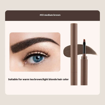 Double-headed eyebrow cream stick showing powder end and spoolie brush, with five colour shade options displayed.