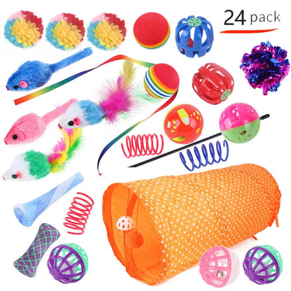 Plastic cat toy set with coloured tunnel channels and a ball for interactive indoor play.