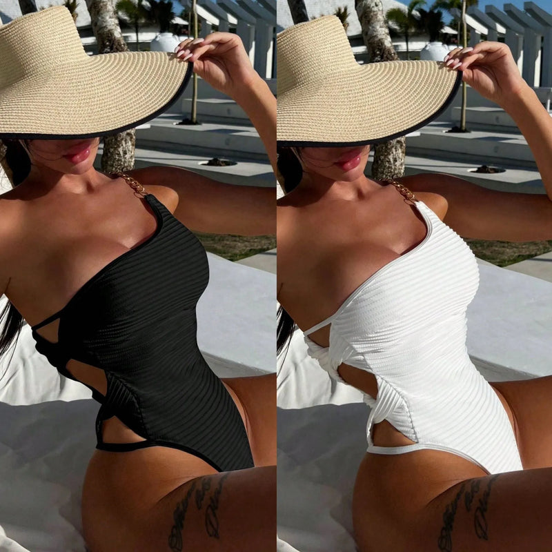 Women's one-piece swimsuit in solid colour polyester fabric available in sizes S, M, L with beige or black options designed for swimming and wading activities, featuring a practical fit with guidance on Asian sizing