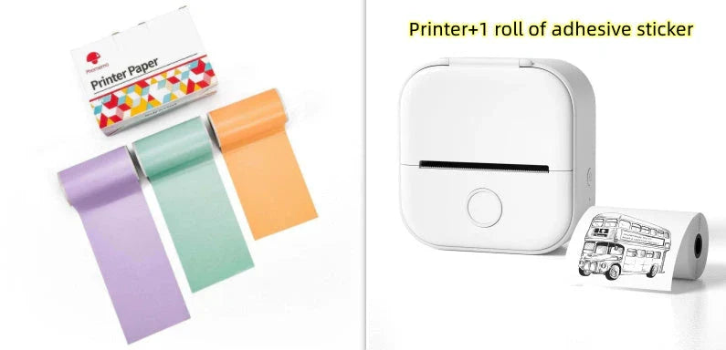 Compact Bluetooth-enabled thermal label printer in white, pink, and green colors with various label options