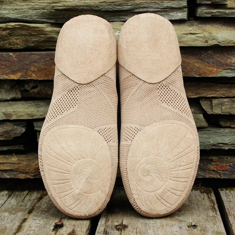 Latin dance shoes with simple solid colour printing designed for contemporary dance and yoga, featuring a cotton and mesh upper construction with leather soles in camel colour options YL3016 and YL3017 available in UK adult unisex sizes from 27 to 45