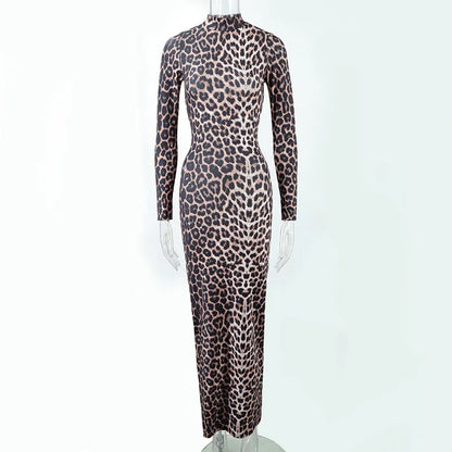 Leopard print dress with stand collar, long sleeves, and hip-hugging silhouette