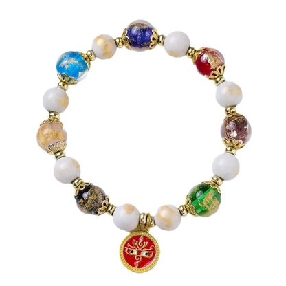 Handmade fragrant gray porcelain bracelet with five Gods of Wealth design in coloured glaze glass