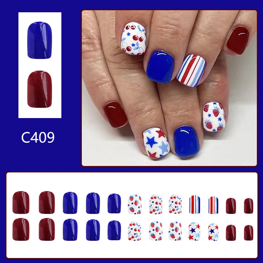Short glossy red and blue strawberry cherry design press on nail stickers - 24 piece pack