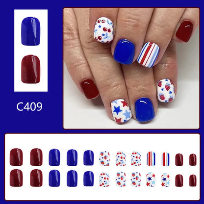 Short glossy red and blue strawberry cherry design press on nail stickers - 24 piece pack