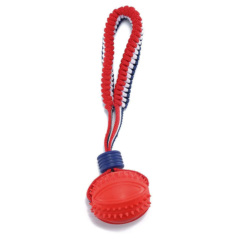 Blue dog ball with rope toy showing 6.5cm diameter textured rubber ball on 29cm rope for dental cleaning and tug-of-war