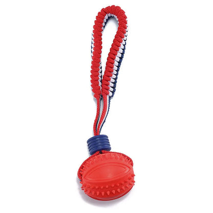 Blue dog ball with rope toy showing 6.5cm diameter textured rubber ball on 29cm rope for dental cleaning and tug-of-war