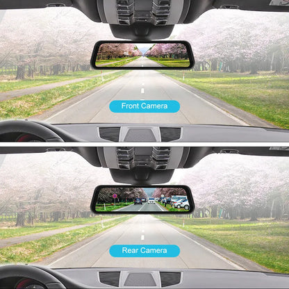 9.66-inch black car DVR mirror display showing smartphone CarPlay interface and rear camera feed.