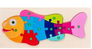 A charming wooden puzzle featuring a variety of cartoon animal designs, including a steamship, aircraft, dinosaur, and more.