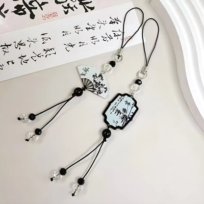Guofeng style bead keychain with floral pattern and baked varnish finish in Fan colour.