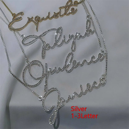 Personalised diamond-studded letter name necklace in stainless steel with silver chain