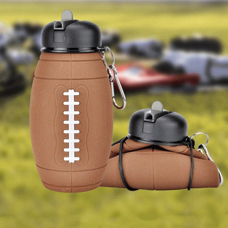Brown rugby ball-shaped collapsible water bottle with leak-proof seal and non-slip grip