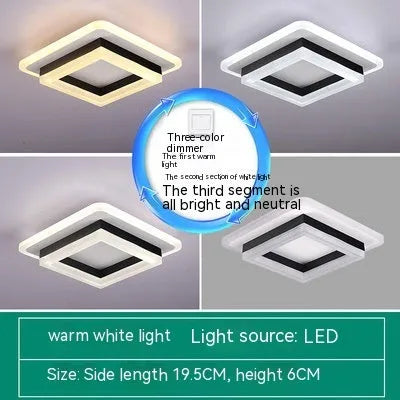 Modern simple LED ceiling light in black or gold, round or square shape, for corridors and hallways.
