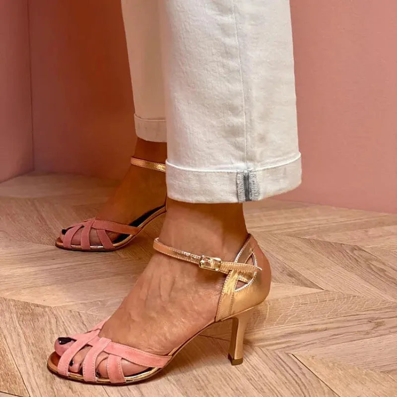 Plus size casual peep toe sandals with buckle closure in black, green, pink, or purple.