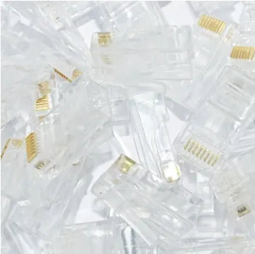 Network modular plug three-fork gold-plated RJ45 crystal head connector for Ethernet cables, Cat5e Cat6 compatible, injection-moulded unshielded design with all-copper insert, pack of 1000 in white for IT, office, and home network installations.