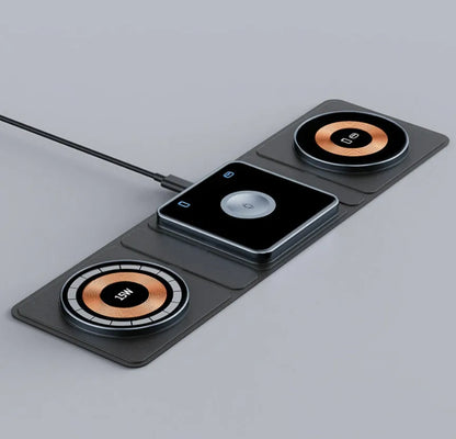 Transparent acrylic Magsafe magnetic wireless charging stand with black accents for three-device charging