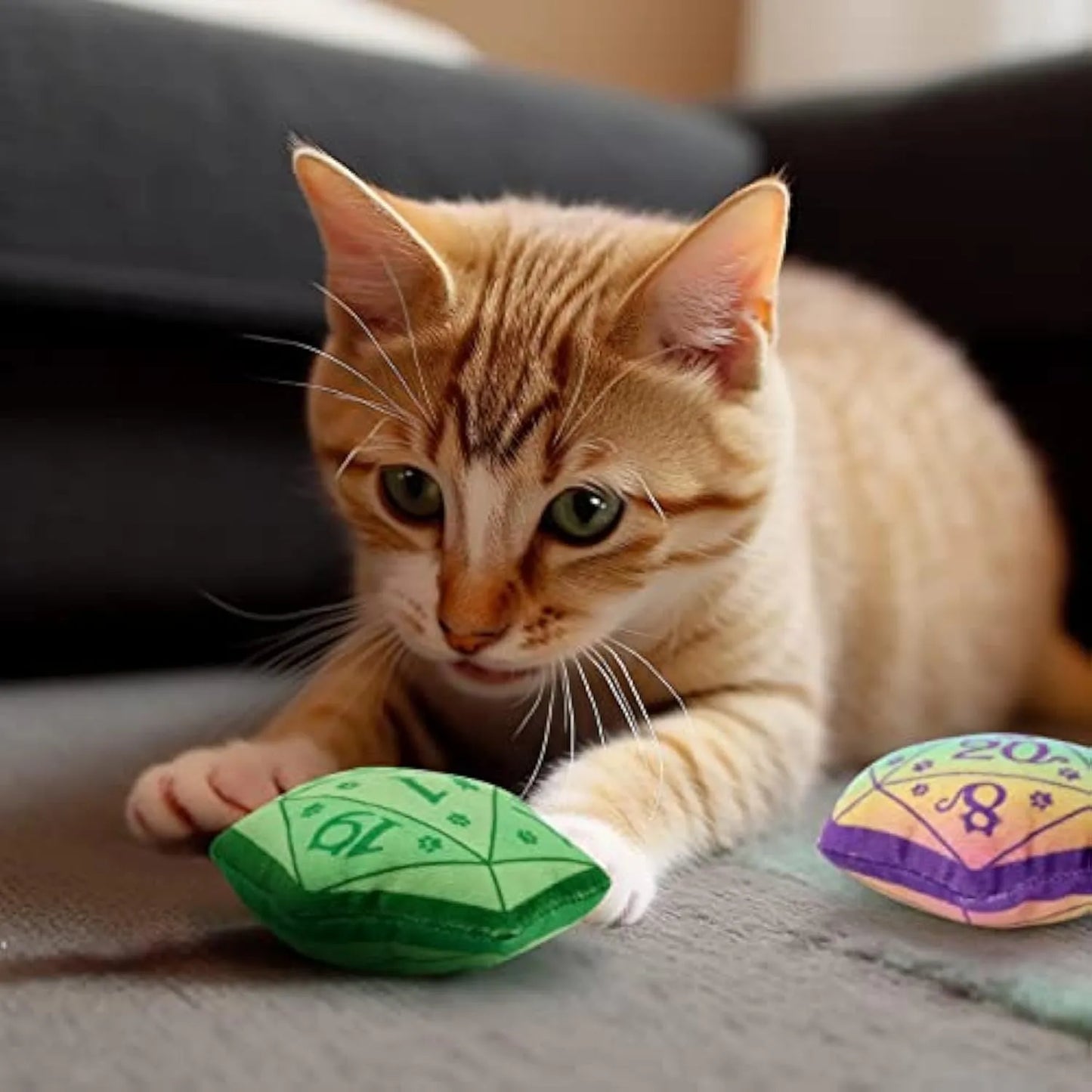 Plush dice-shaped cat toy with organic catnip filling in multiple colour options