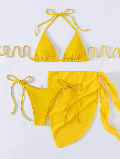 Women's three-piece mesh bikini swimsuit in vibrant colours, perfect for summer
