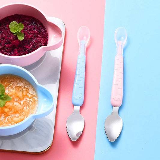 Stainless steel dual-headed baby food spoon in various colours for easy feeding