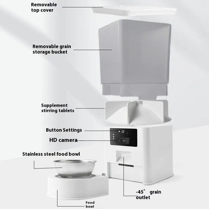 Smart pet feeder with stainless steel bowl and 5L capacity reservoir in multiple control versions