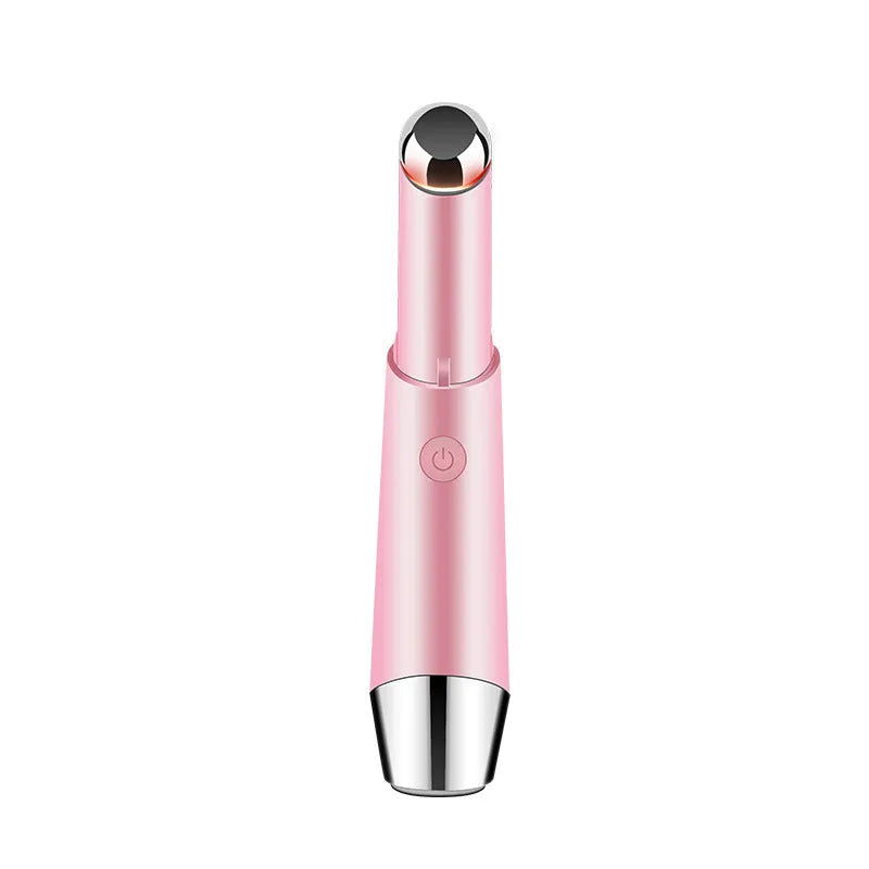 Mini electric vibration eye massager pen in pink and white with 40°C thermal head and USB charging cable
