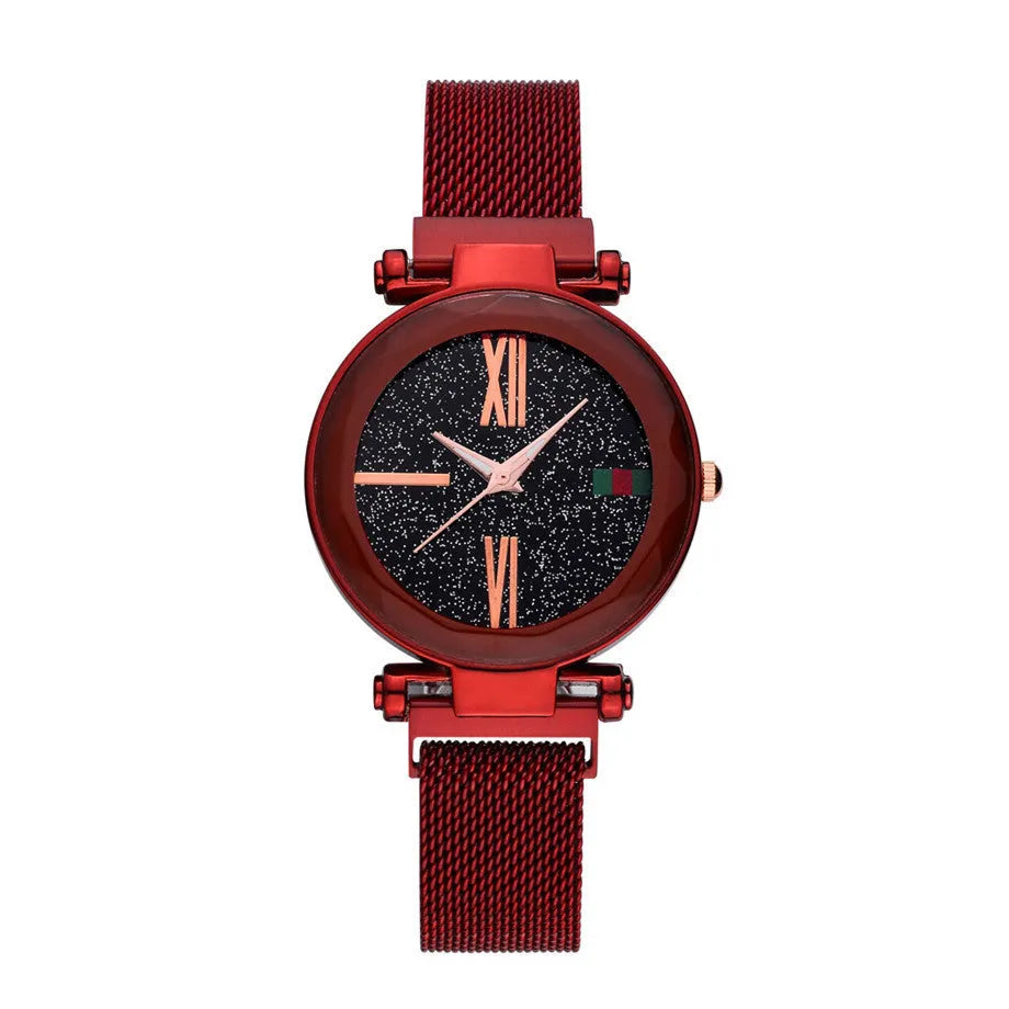 Ladies quartz watch with stainless steel magnet band in choice of six colours on wrist.