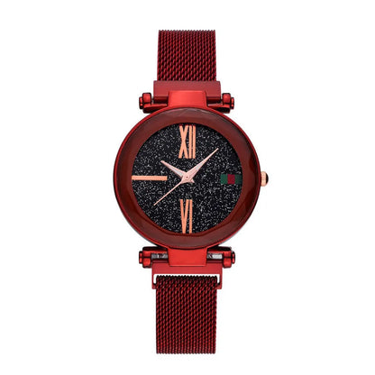 Ladies quartz watch with stainless steel magnet band in choice of six colours on wrist.