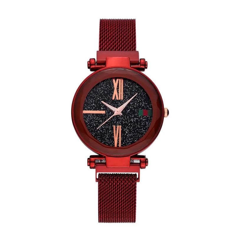 Ladies quartz watch with 32mm round dial, stainless steel magnet band with jewellery clasp, onion crown design, available in black, blue, brown, purple, red and rose gold colour options for women's casual or decorative wear.