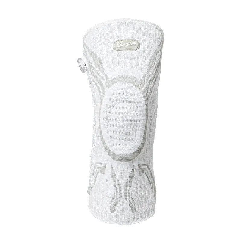 Grey and white sports kneepad for left or right knee, designed for basketball, running, and football.