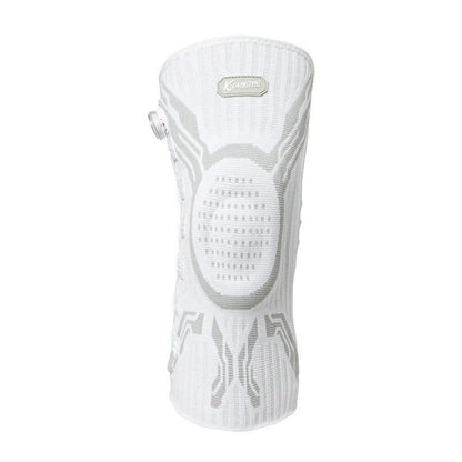 Grey and white sports kneepad for left or right knee, designed for basketball, running, and football.