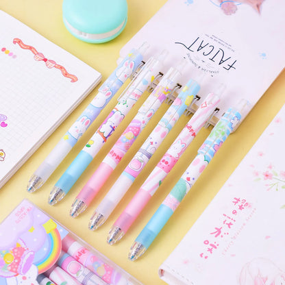 Six cartoon bunny design ballpoint pens with black ink and 0.5mm tips in packaging