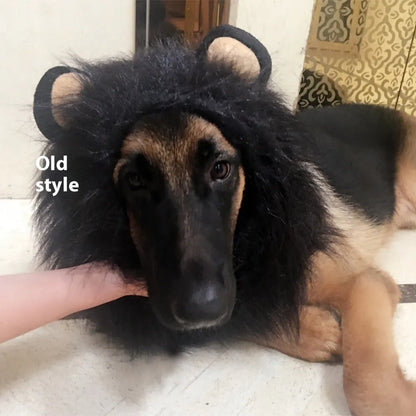 Dog wearing a lion mane headdress costume in light brown with an elastic neckband.