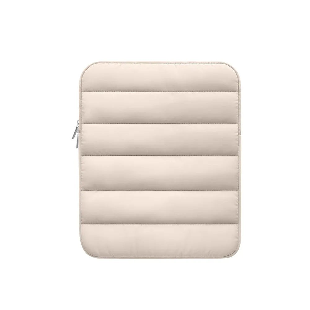 Fluffy air feeling puff bag laptop sleeve in black, shown with elastic sides stretching.